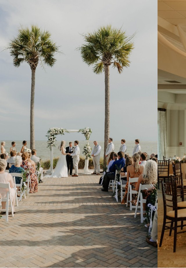Seaside wedding ceremony framed by palms